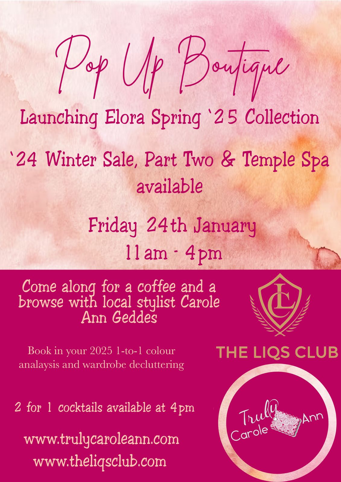 Pop up Fashion Boutique. Friday 24th January 2025 11am until 4pm with local stylist Carole Ann Geddes.